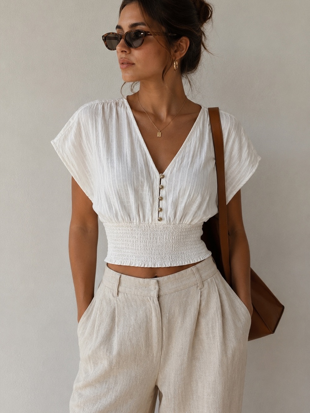 Japna White V-Neck Smocked Crop Top